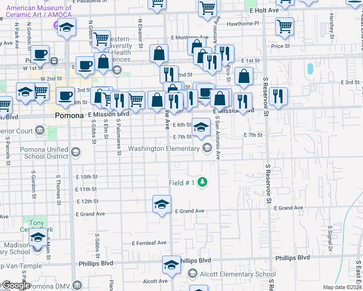 map of restaurants, bars, coffee shops, grocery stores, and more near 877 Eighth Street in Pomona