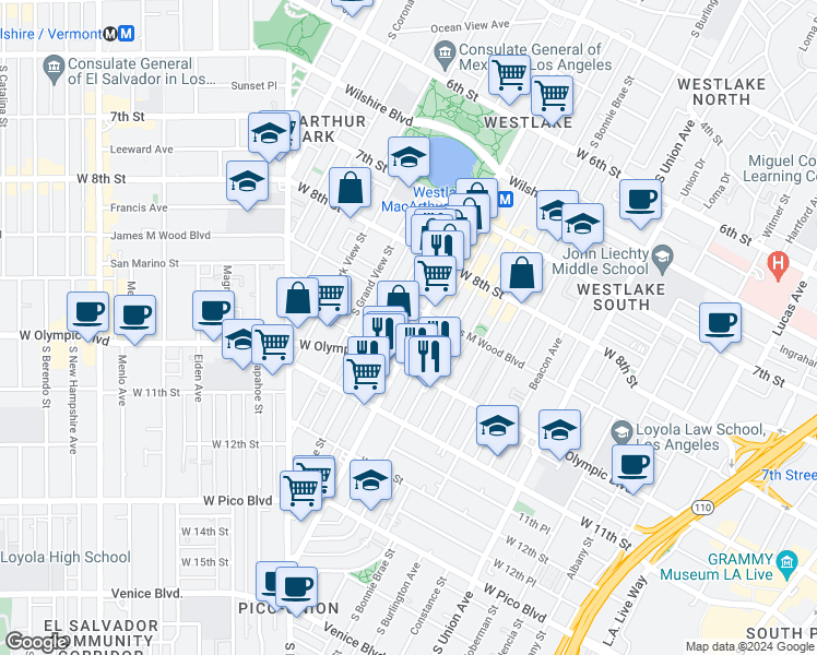 map of restaurants, bars, coffee shops, grocery stores, and more near in Los Angeles