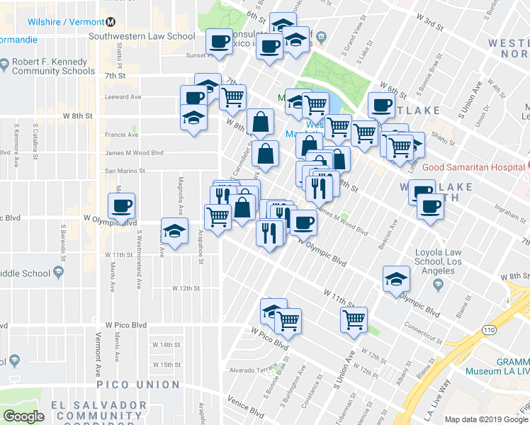 map of restaurants, bars, coffee shops, grocery stores, and more near 933 South Lake Street in Los Angeles