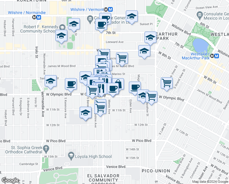 map of restaurants, bars, coffee shops, grocery stores, and more near 980 Menlo Avenue in Los Angeles