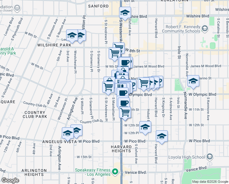 map of restaurants, bars, coffee shops, grocery stores, and more near in Los Angeles