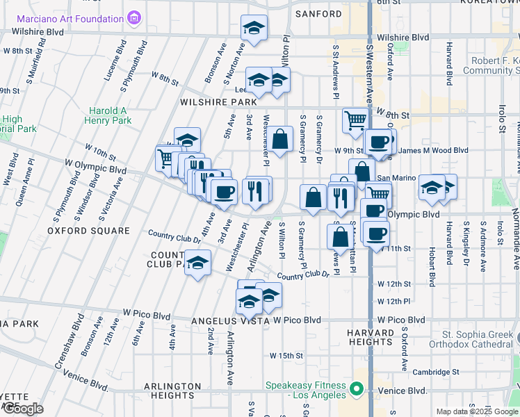 map of restaurants, bars, coffee shops, grocery stores, and more near 3511 South Wilton Place in Los Angeles