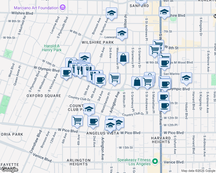 map of restaurants, bars, coffee shops, grocery stores, and more near 3551 West Olympic Boulevard in Los Angeles