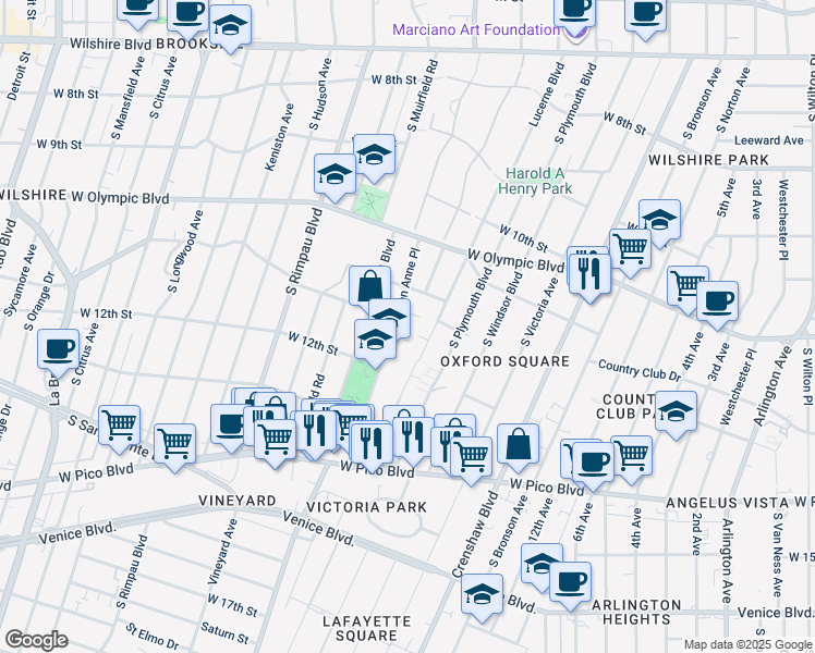 map of restaurants, bars, coffee shops, grocery stores, and more near 1142 Queen Anne Place in Los Angeles