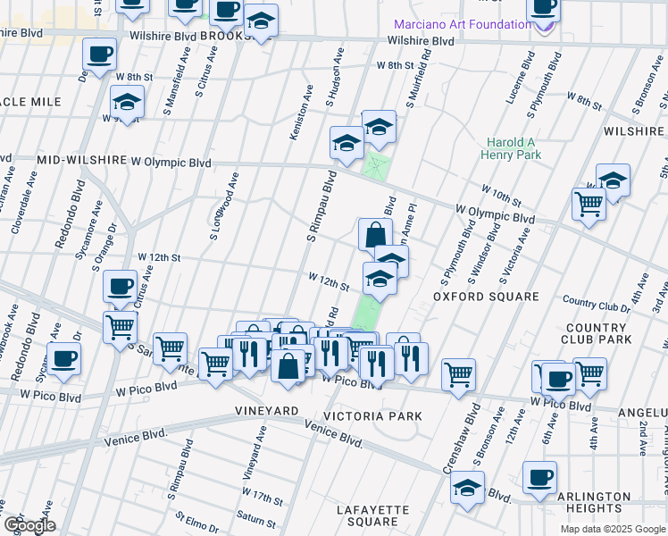 map of restaurants, bars, coffee shops, grocery stores, and more near 1173 South Muirfield Road in Los Angeles