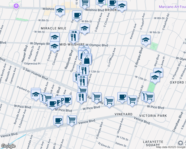 map of restaurants, bars, coffee shops, grocery stores, and more near 1212 South Citrus Avenue in Los Angeles