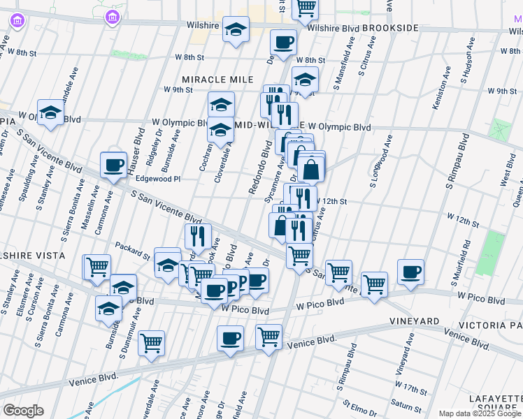 map of restaurants, bars, coffee shops, grocery stores, and more near 1210 South Redondo Boulevard in Los Angeles