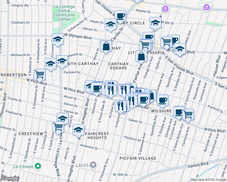 map of restaurants, bars, coffee shops, grocery stores, and more near 1222 Hi Point Street in Los Angeles