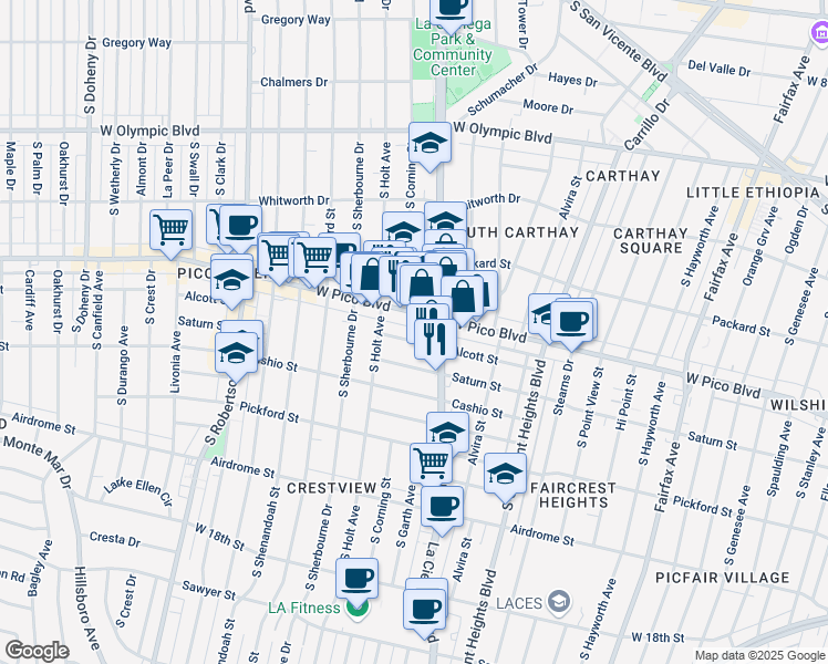map of restaurants, bars, coffee shops, grocery stores, and more near 8523 Alcott Street in Los Angeles