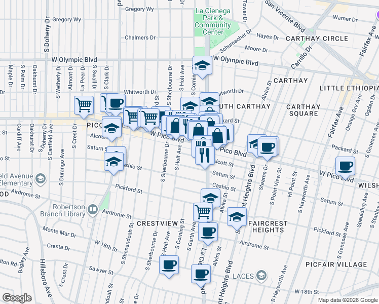 map of restaurants, bars, coffee shops, grocery stores, and more near 8523 Alcott Street in Los Angeles