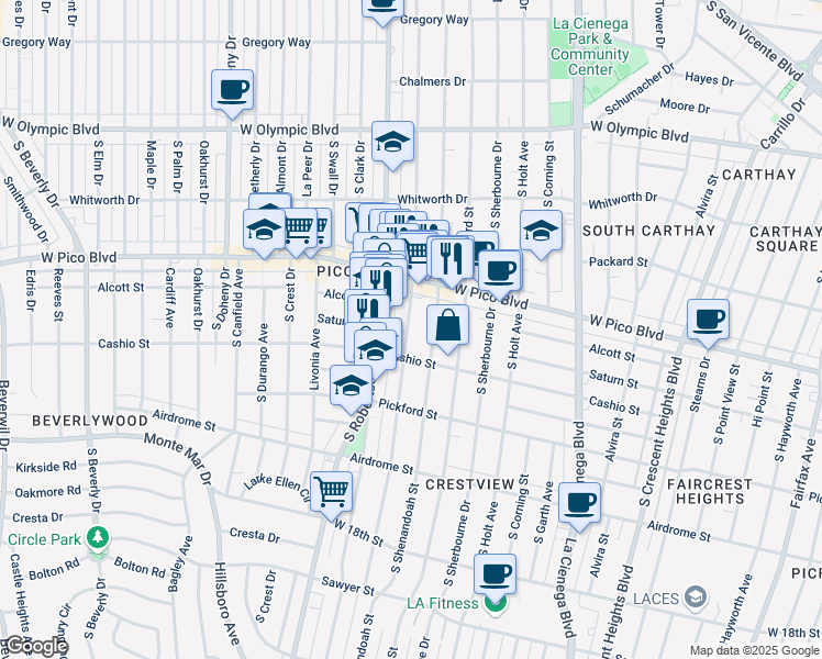 map of restaurants, bars, coffee shops, grocery stores, and more near 1455 South Wooster Street in Los Angeles
