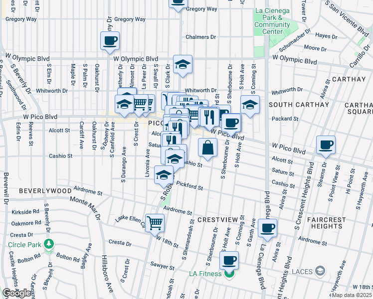 map of restaurants, bars, coffee shops, grocery stores, and more near 1455 South Wooster Street in Los Angeles