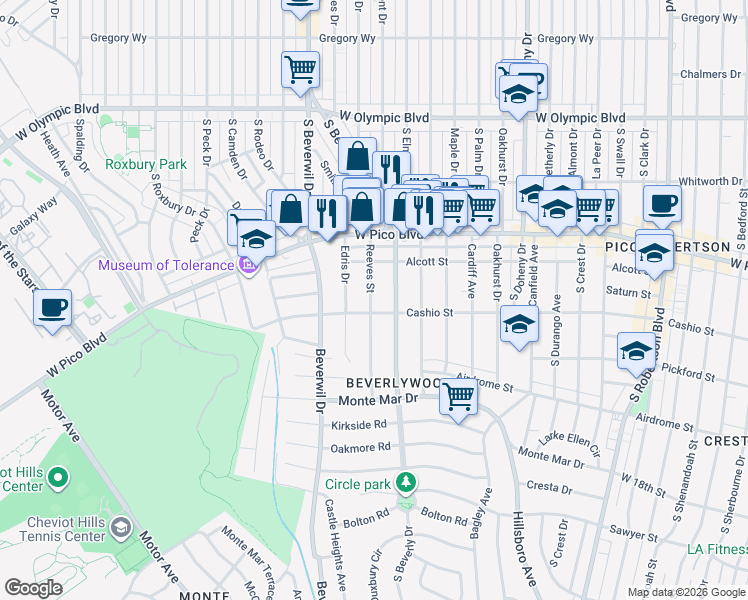 map of restaurants, bars, coffee shops, grocery stores, and more near 1473 Reeves Street in Los Angeles