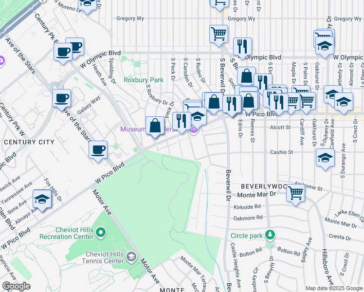 map of restaurants, bars, coffee shops, grocery stores, and more near 1420 Peerless Place in Los Angeles