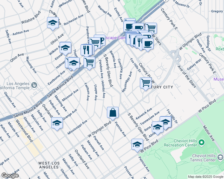 map of restaurants, bars, coffee shops, grocery stores, and more near 2024 South Beverly Glen Boulevard in Los Angeles