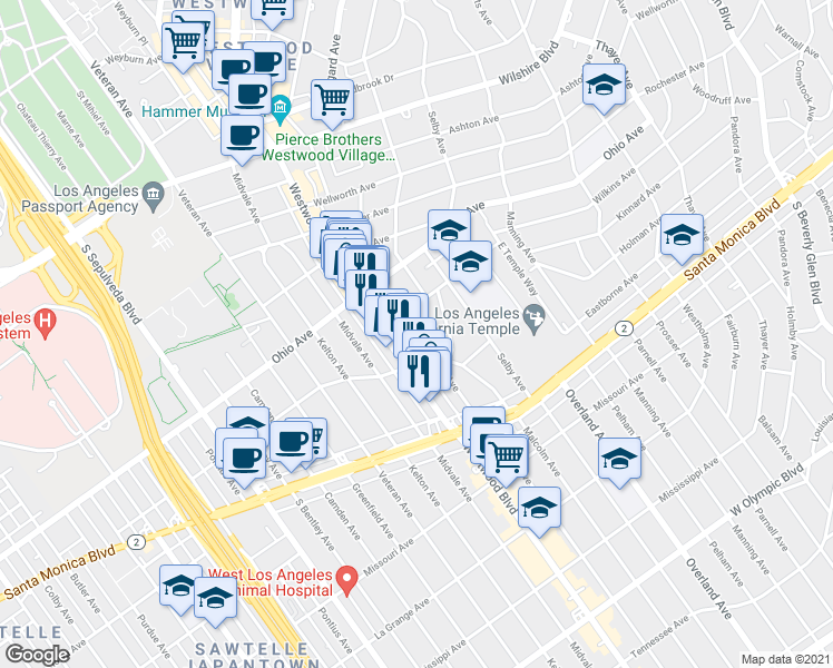 map of restaurants, bars, coffee shops, grocery stores, and more near 10838 Holman Avenue in Los Angeles