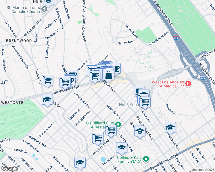 map of restaurants, bars, coffee shops, grocery stores, and more near 910 South Barrington Avenue in Los Angeles