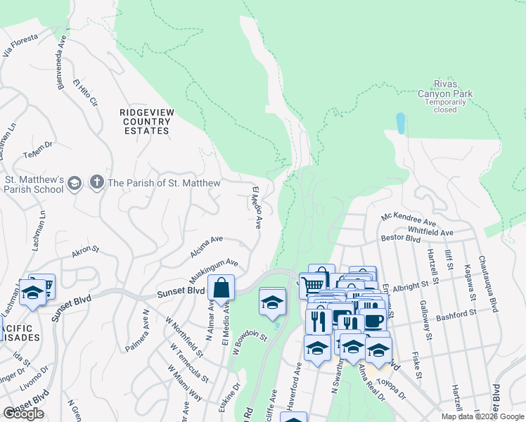 map of restaurants, bars, coffee shops, grocery stores, and more near 1054 Palisair Place in Los Angeles