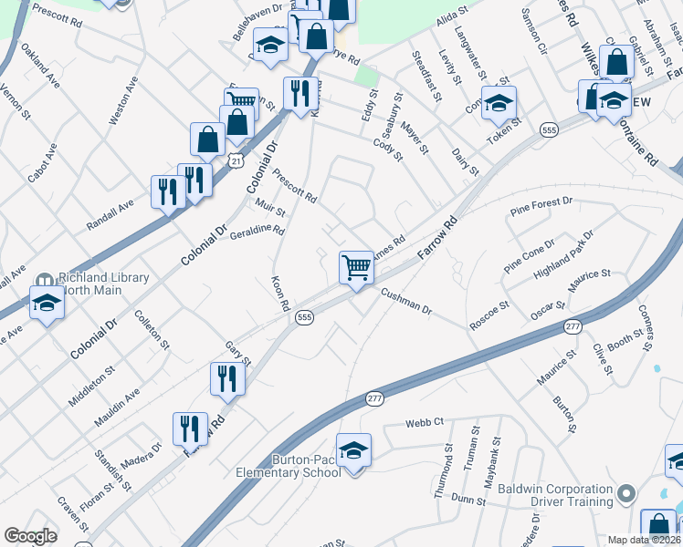 map of restaurants, bars, coffee shops, grocery stores, and more near 5779 Ames Road in Columbia