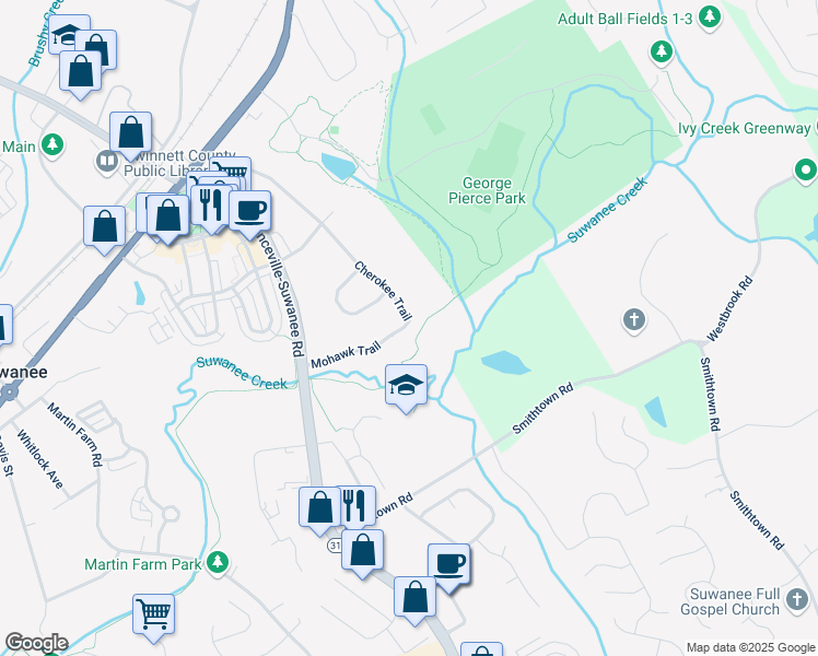 map of restaurants, bars, coffee shops, grocery stores, and more near in Suwanee