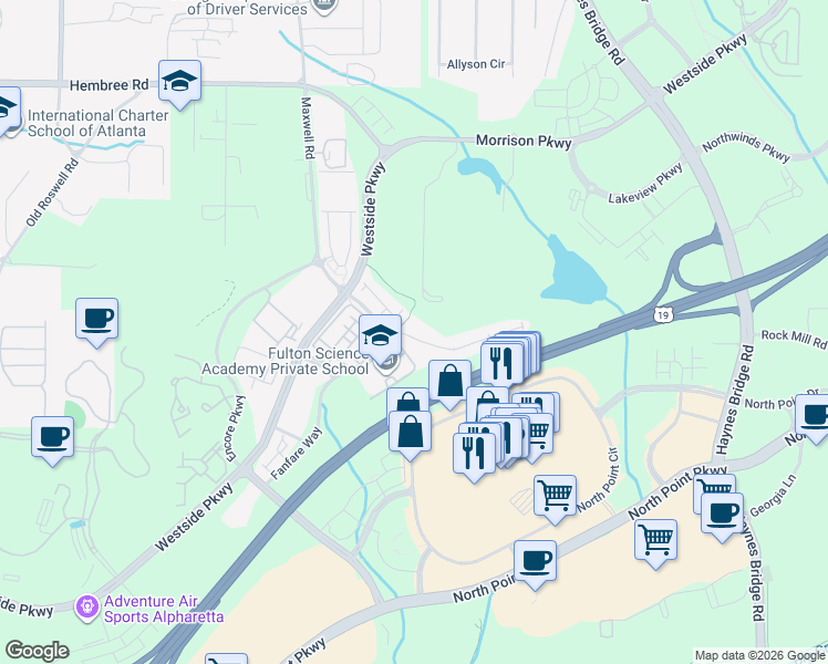 map of restaurants, bars, coffee shops, grocery stores, and more near 100 Duval Drive in Alpharetta