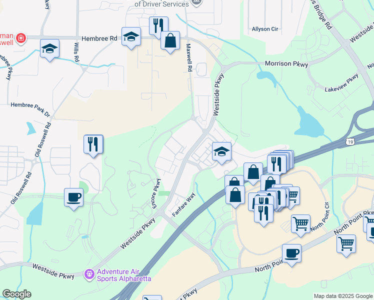 map of restaurants, bars, coffee shops, grocery stores, and more near 415 Baroque Drive in Alpharetta