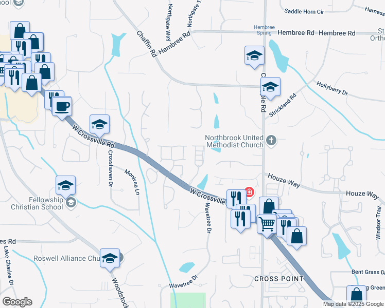 map of restaurants, bars, coffee shops, grocery stores, and more near 2021 Towneship Trail in Roswell