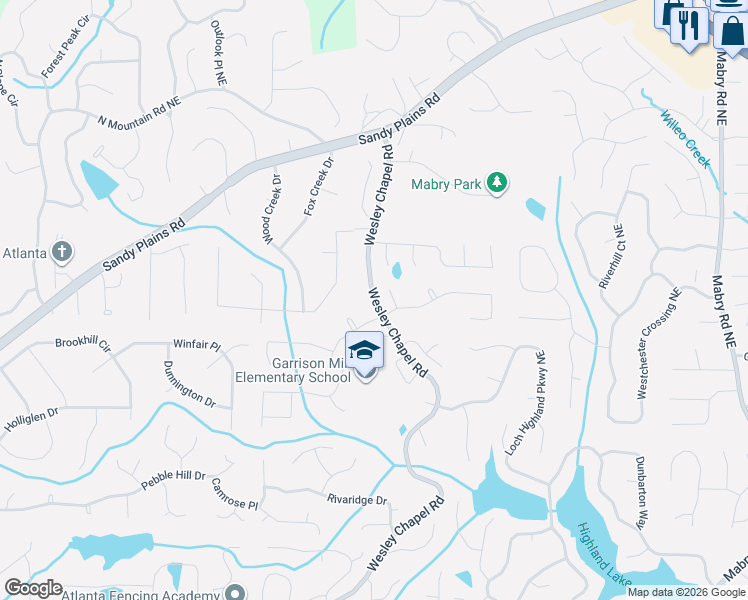 map of restaurants, bars, coffee shops, grocery stores, and more near 4259 Wesley Chapel Road in Marietta