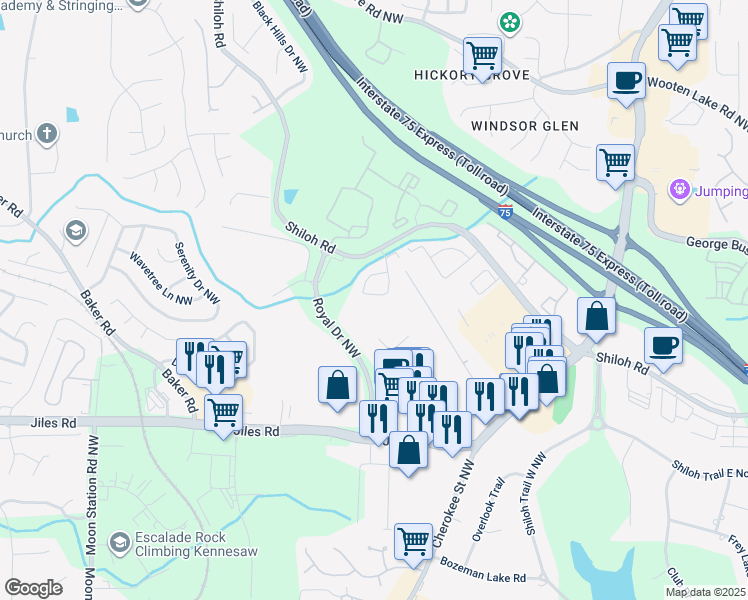 map of restaurants, bars, coffee shops, grocery stores, and more near 4146 Royal Regency Circle in Kennesaw