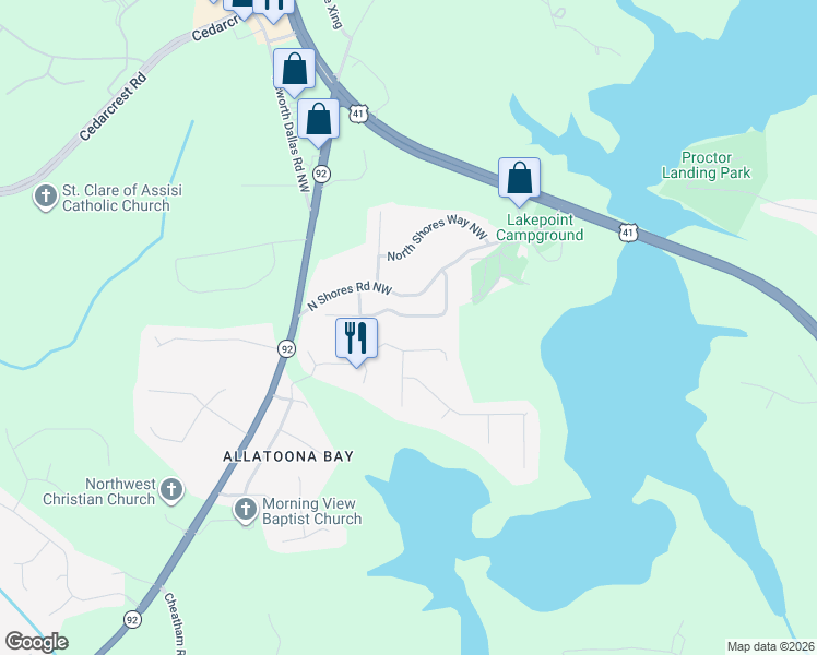 map of restaurants, bars, coffee shops, grocery stores, and more near 4107 Falcon Shores Court Northwest in Acworth