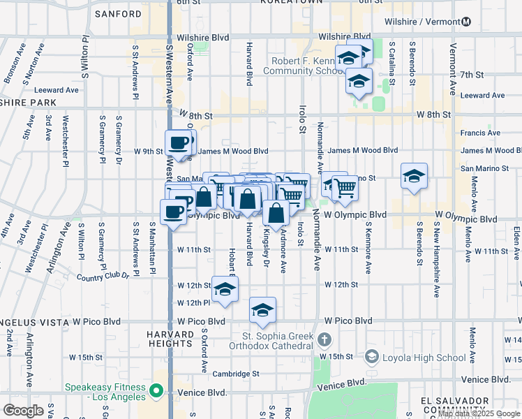 map of restaurants, bars, coffee shops, grocery stores, and more near 3109 West Olympic Boulevard in Los Angeles