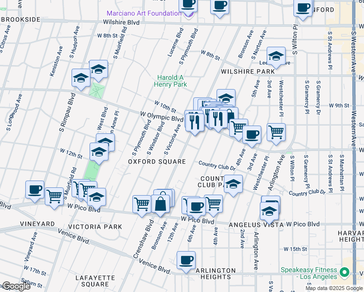 map of restaurants, bars, coffee shops, grocery stores, and more near 1107 Crenshaw Boulevard in Los Angeles