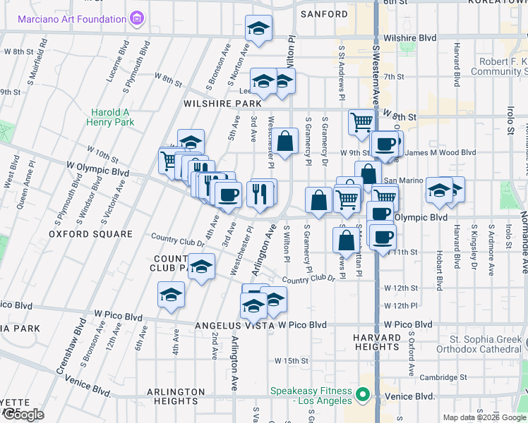 map of restaurants, bars, coffee shops, grocery stores, and more near 3511 South Wilton Place in Los Angeles