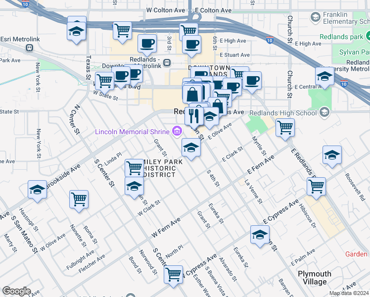 map of restaurants, bars, coffee shops, grocery stores, and more near 120 West Olive Avenue in Redlands