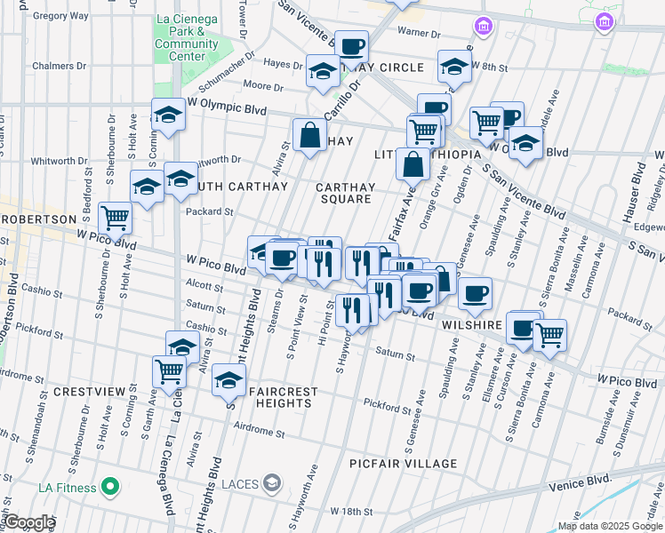 map of restaurants, bars, coffee shops, grocery stores, and more near 1222 Hi Point Street in Los Angeles