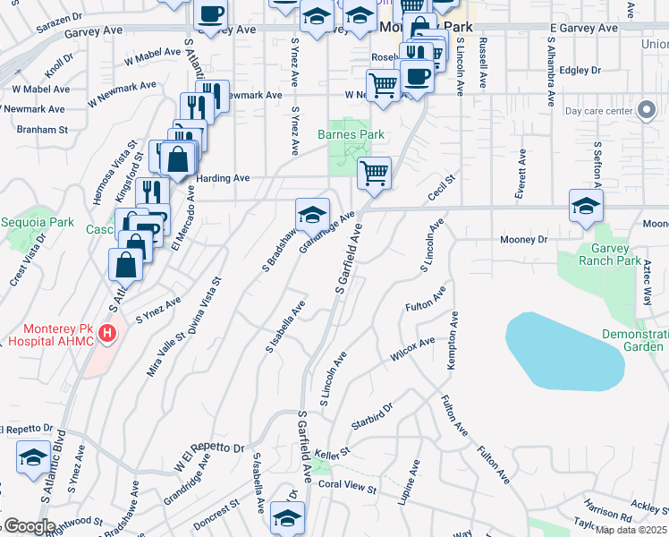 map of restaurants, bars, coffee shops, grocery stores, and more near 701 South Garfield Avenue in Monterey Park