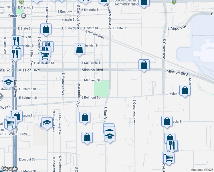 map of restaurants, bars, coffee shops, grocery stores, and more near 1010 South Bon View Avenue in Ontario
