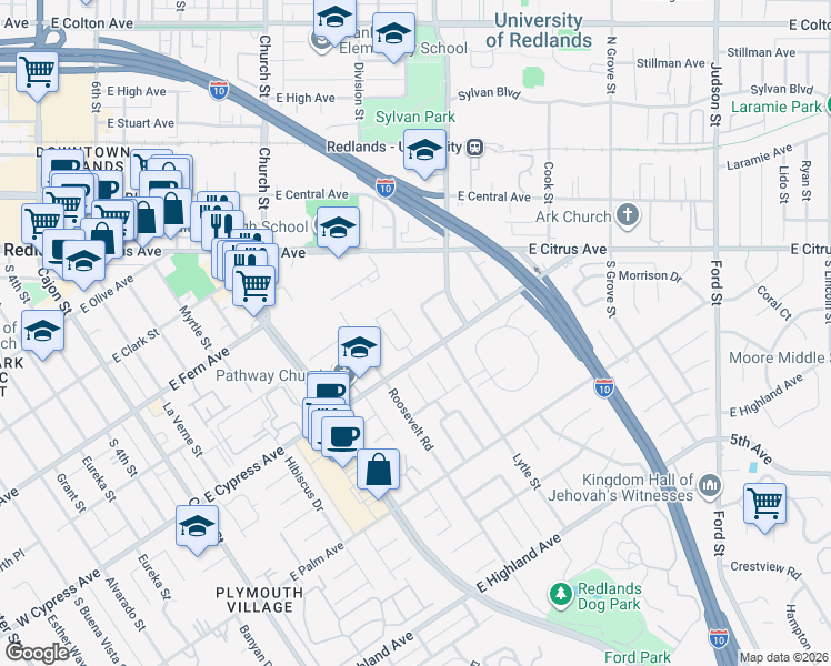 map of restaurants, bars, coffee shops, grocery stores, and more near 521 Lime Street in Redlands