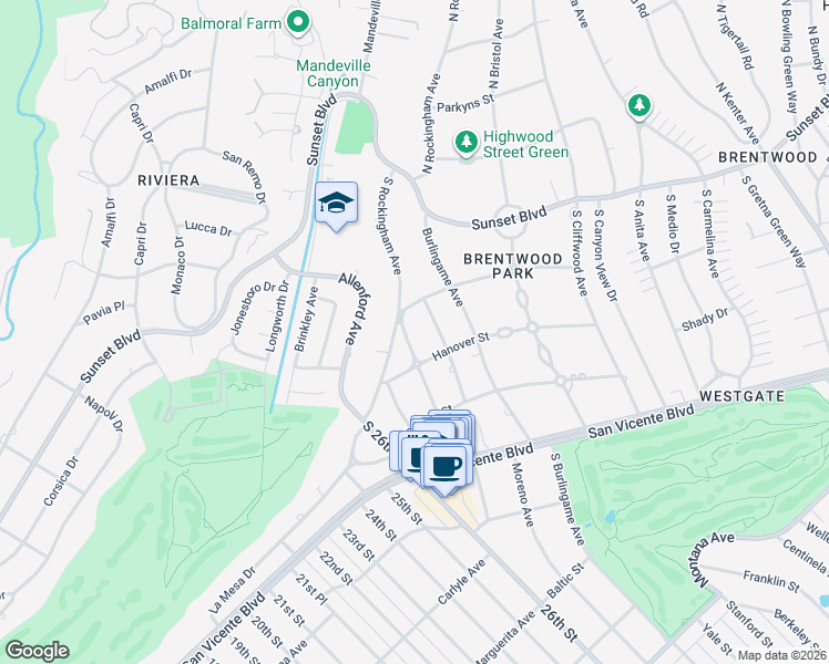 map of restaurants, bars, coffee shops, grocery stores, and more near 222 Avondale Avenue in Los Angeles