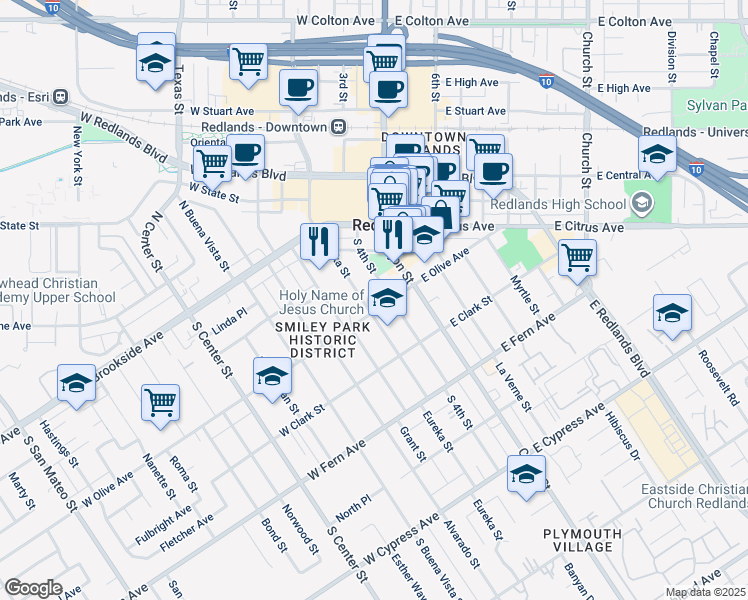 map of restaurants, bars, coffee shops, grocery stores, and more near 120 West Olive Avenue in Redlands