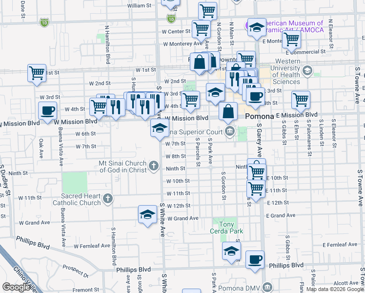 map of restaurants, bars, coffee shops, grocery stores, and more near 712 West 7th Street in Pomona
