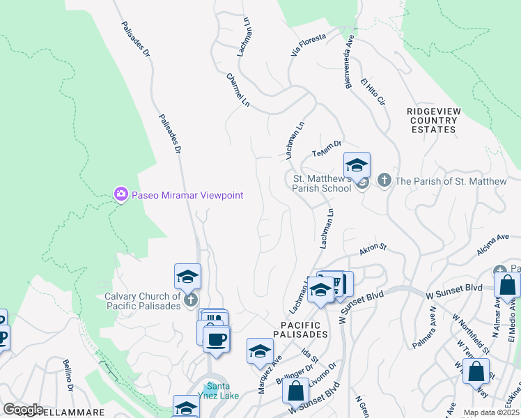 map of restaurants, bars, coffee shops, grocery stores, and more near 917 Enchanted Way in Los Angeles