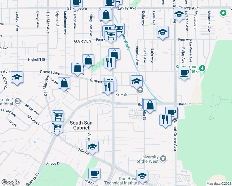 map of restaurants, bars, coffee shops, grocery stores, and more near 2120 San Gabriel Boulevard in Rosemead