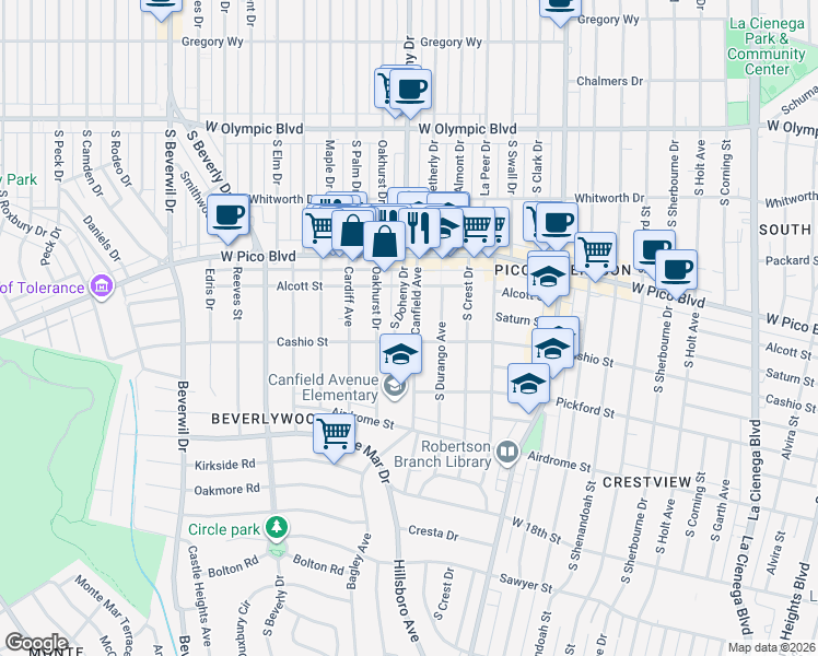 map of restaurants, bars, coffee shops, grocery stores, and more near 1477 South Canfield Avenue in Los Angeles