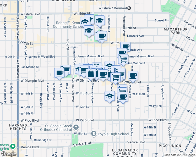 map of restaurants, bars, coffee shops, grocery stores, and more near 2843 West Olympic Boulevard in Los Angeles