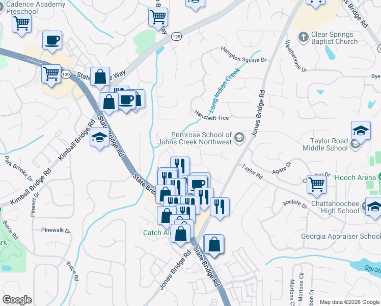 map of restaurants, bars, coffee shops, grocery stores, and more near 155 Arborfield Way in Alpharetta