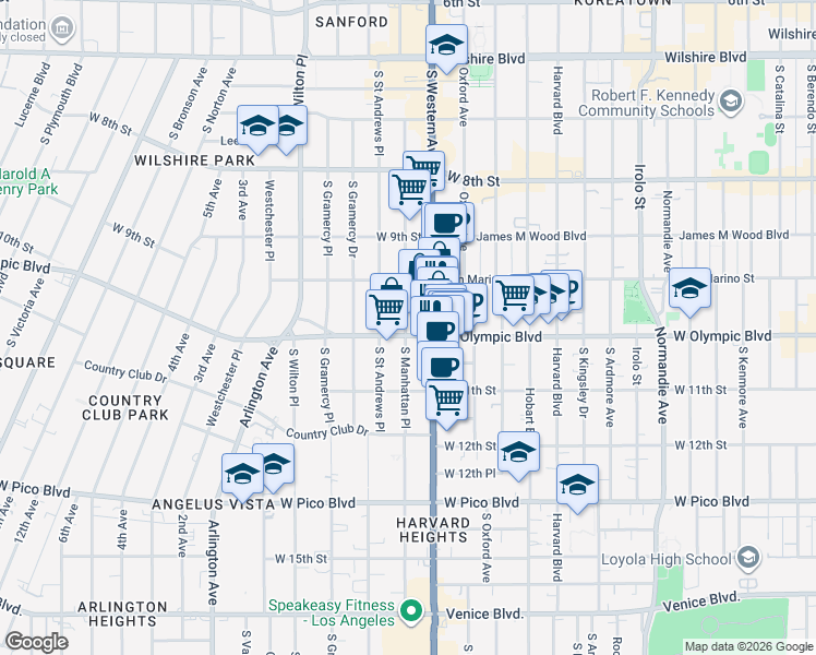 map of restaurants, bars, coffee shops, grocery stores, and more near in Los Angeles