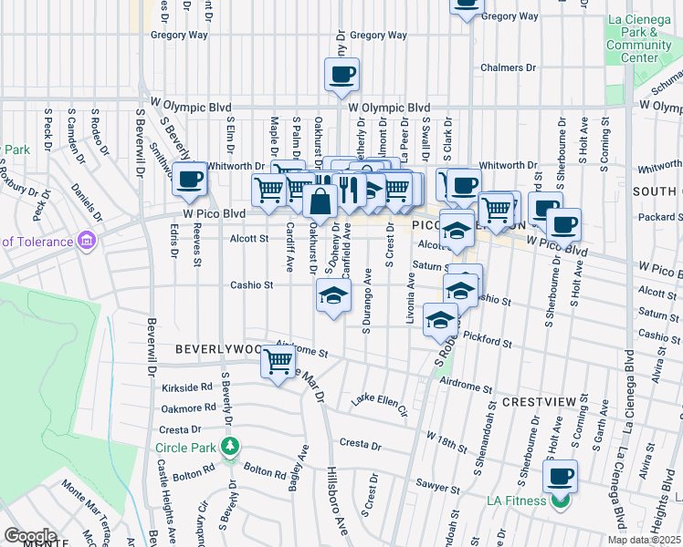 map of restaurants, bars, coffee shops, grocery stores, and more near 1477 South Canfield Avenue in Los Angeles