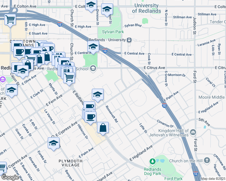 map of restaurants, bars, coffee shops, grocery stores, and more near 521 Lime Street in Redlands