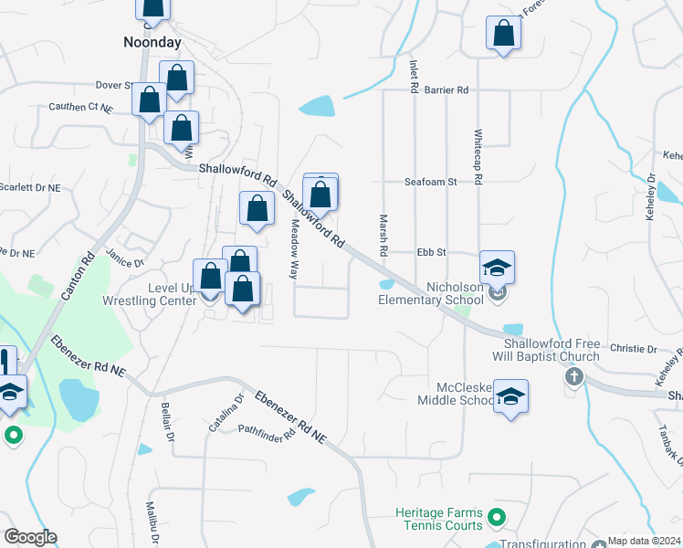 map of restaurants, bars, coffee shops, grocery stores, and more near 4030 Meadow Way in Marietta